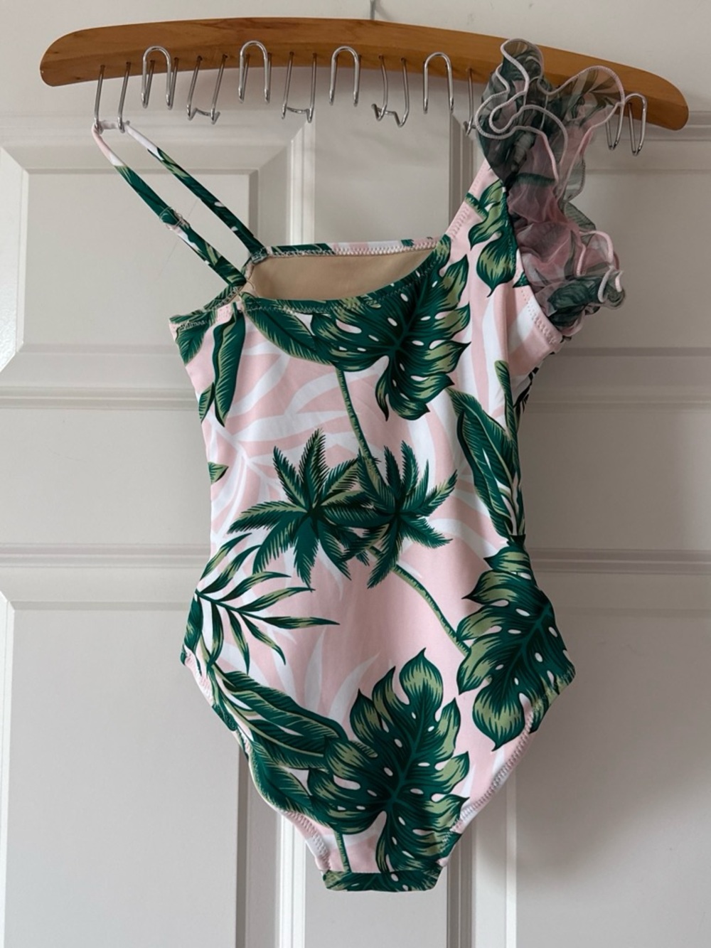 Shade Critters Tropical Leaf One-Shoulder Girls Swimsuit - Pink & Green